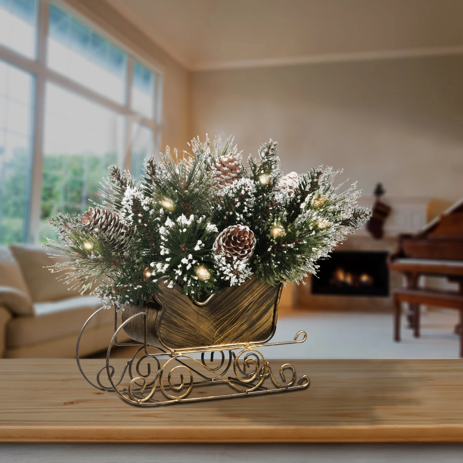 10 In. Glittery Bristle Pine Sleigh With LED Lights 2 10 In. Glittery Bristle Pine Sleigh With LED Lights - Image 2