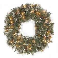 24 In. Pre-Lit Glittery Bristle Pine Wreath With LED Lights