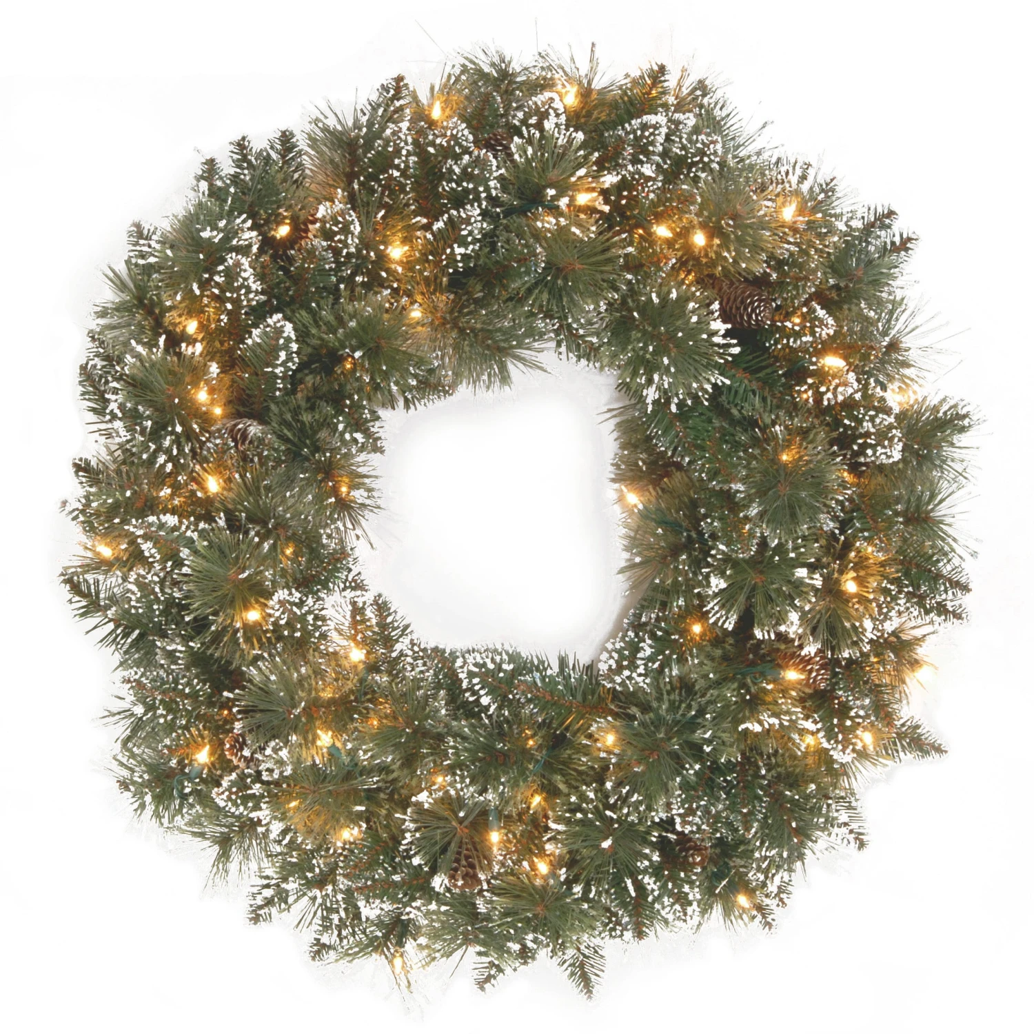 24 In. Pre-Lit Glittery Bristle Pine Wreath With LED Lights 1 24 In. Pre-Lit Glittery Bristle Pine Wreath With LED Lights