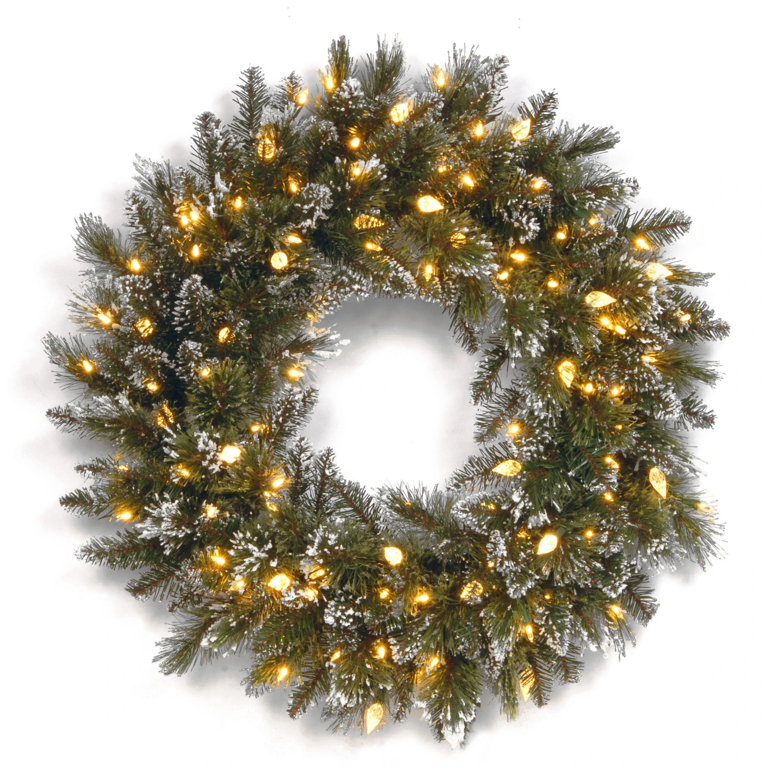24 In. Pre-Lit Glittery Bristle Pine Wreath With Warm White LED Lights 1 24 In. Pre-Lit Glittery Bristle Pine Wreath With Warm White LED Lights