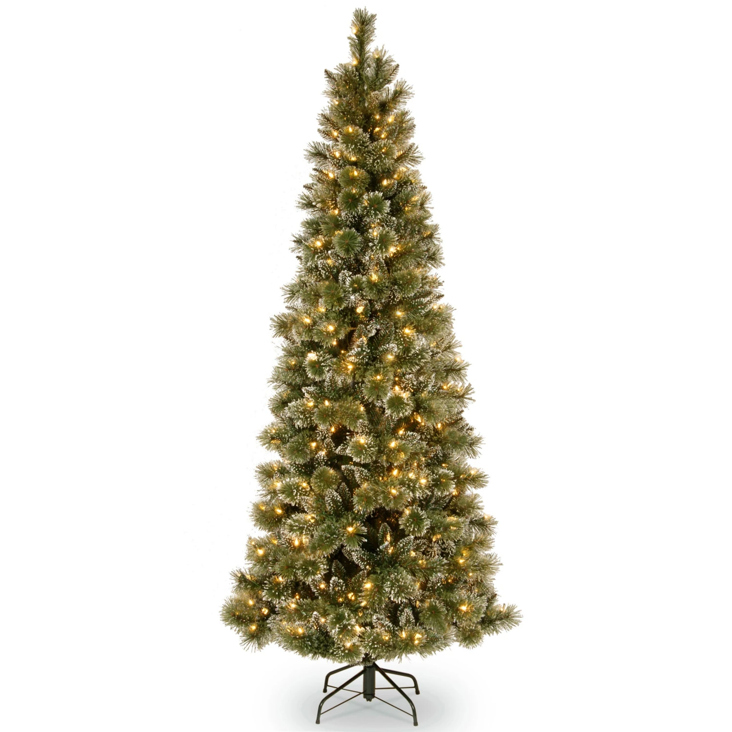 6.5 Ft. Pre-Lit Glittery Bristle Pine Slim Tree With Warm White LED Lights 1 6.5 Ft. Pre-Lit Glittery Bristle Pine Slim Tree With Warm White LED Lights
