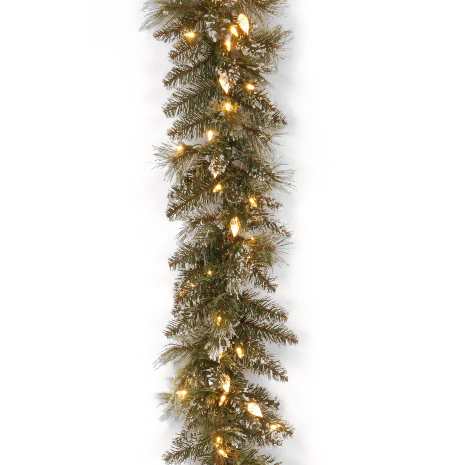 9 Ft. Pre-Lit Glittery Bristle Pine Garland With Warm White LED Lights 1 9 Ft. Pre-Lit Glittery Bristle Pine Garland With Warm White LED Lights