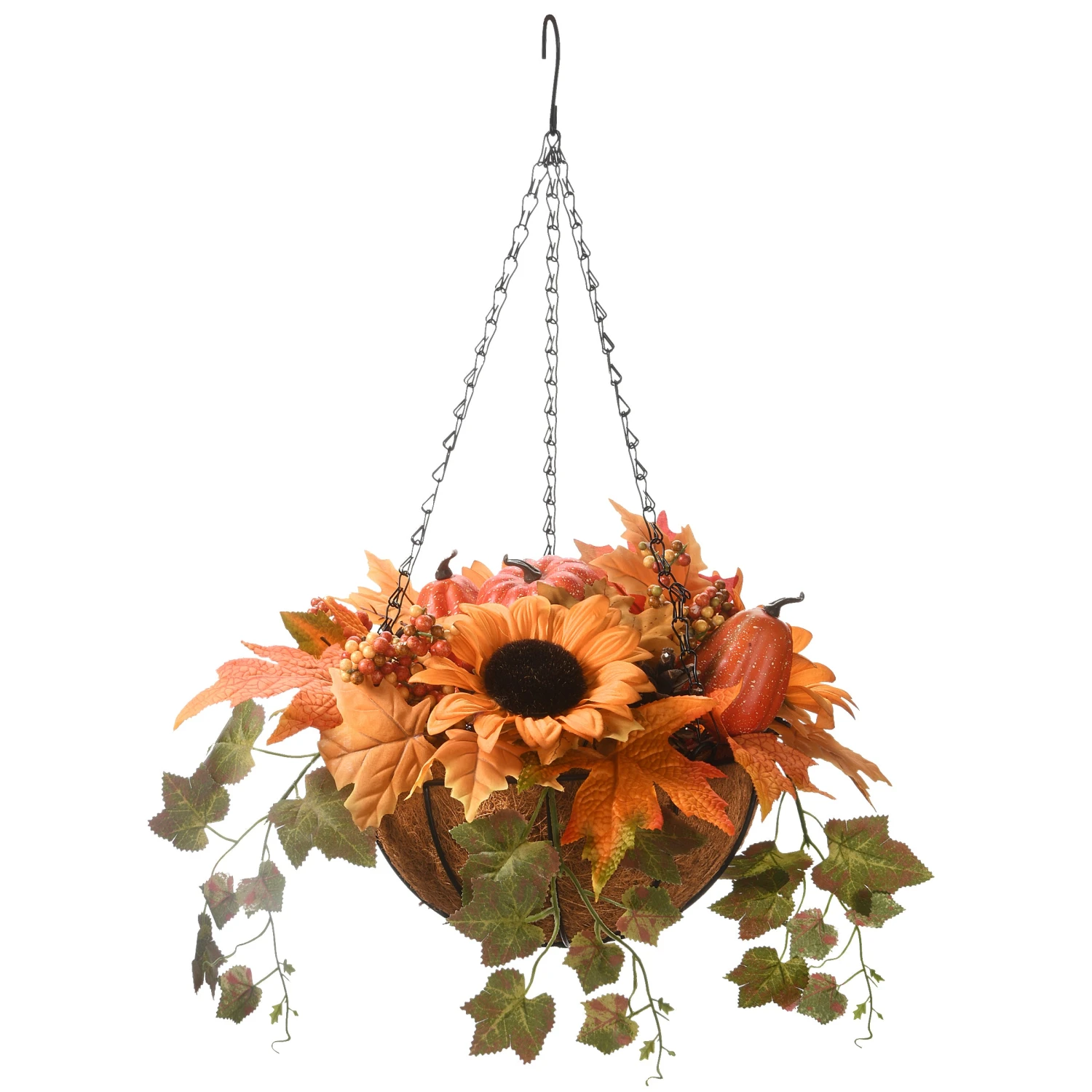 18 In. Fall Hanging Basket With Ivy Leaves, Sunflowers, Cones, Berries, Gourds, Pumpkin 1 18 In. Fall Hanging Basket With Ivy Leaves, Sunflowers, Cones, Berries, Gourds, Pumpkin