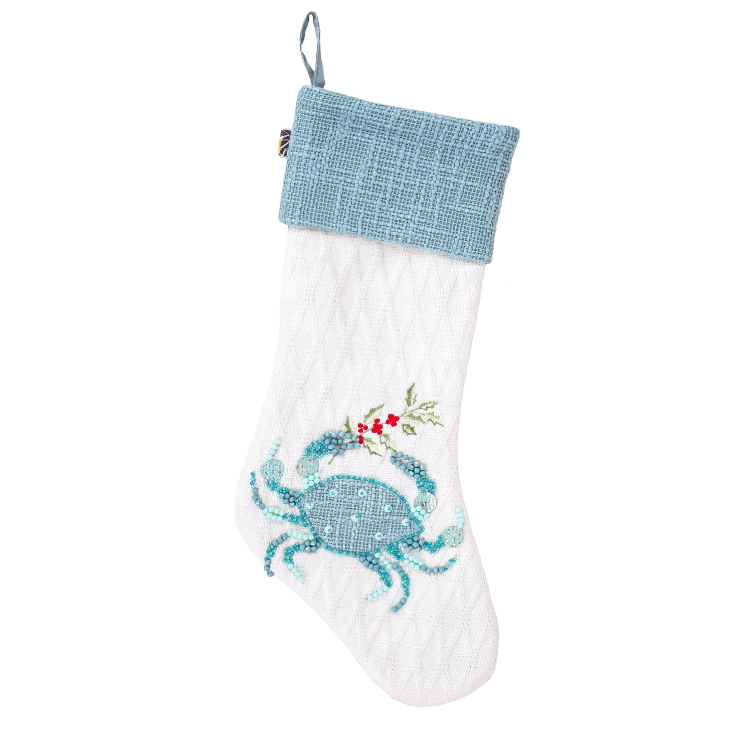 20 In. HGTV Home Collection Embroidered Blue Crab Stocking 1 20 In. HGTV Home Collection Embroidered Blue Crab Stocking