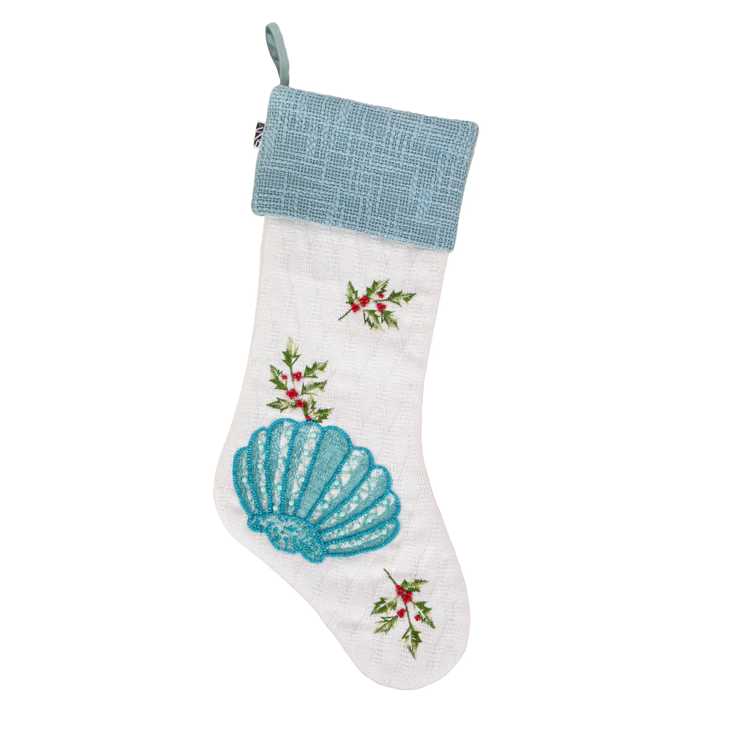 20 In. HGTV Home Collection Embroidered Blue Shell Stocking 1 20 In. HGTV Home Collection Embroidered Blue Shell Stocking