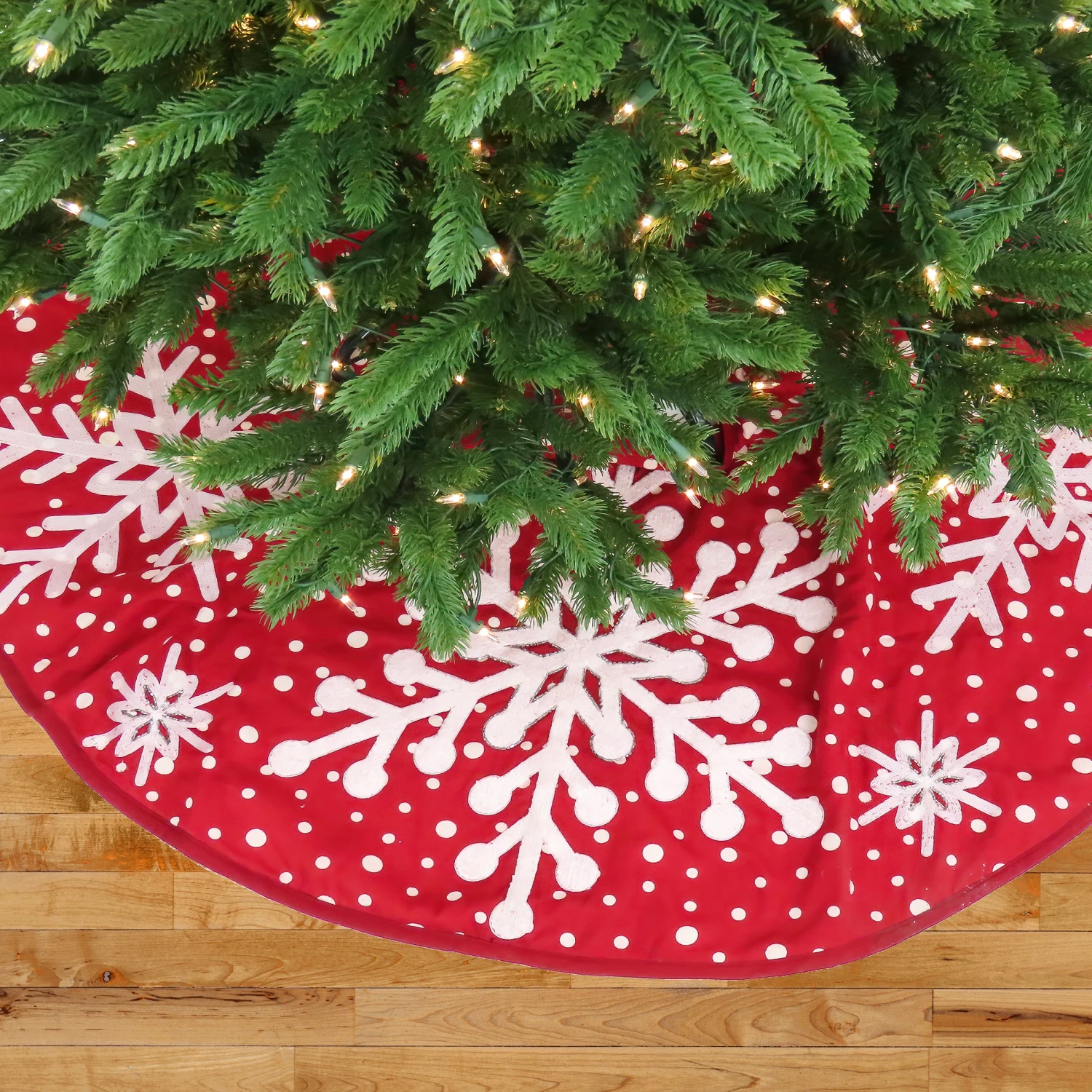 52 In. HGTV Home Collection Red Tree Skirt With Snowflake Embroidery And White Dots 2 52 In. HGTV Home Collection Red Tree Skirt With Snowflake Embroidery And White Dots - Image 2