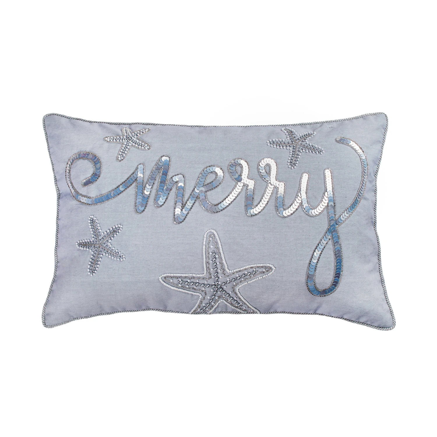 14 In By 22 In. Coastal Merry Embroidered Pillow, Blue, Silver 1 14 In By 22 In. Coastal Merry Embroidered Pillow, Blue, Silver