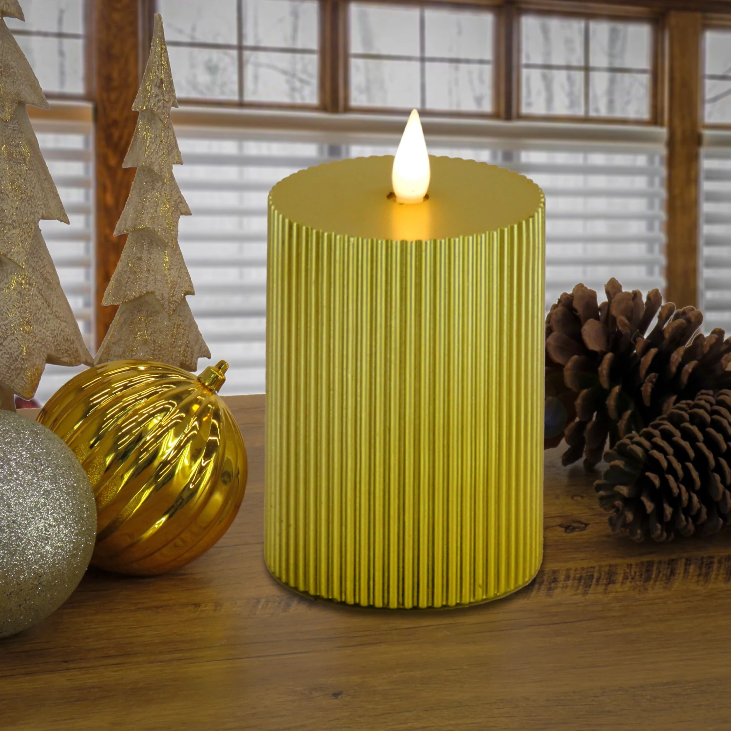 5 In. By 9in. HGTV Home Collection Flameless Georgetown Pillar Candle, Gold 2 5 In. By 9in. HGTV Home Collection Flameless Georgetown Pillar Candle, Gold - Image 2