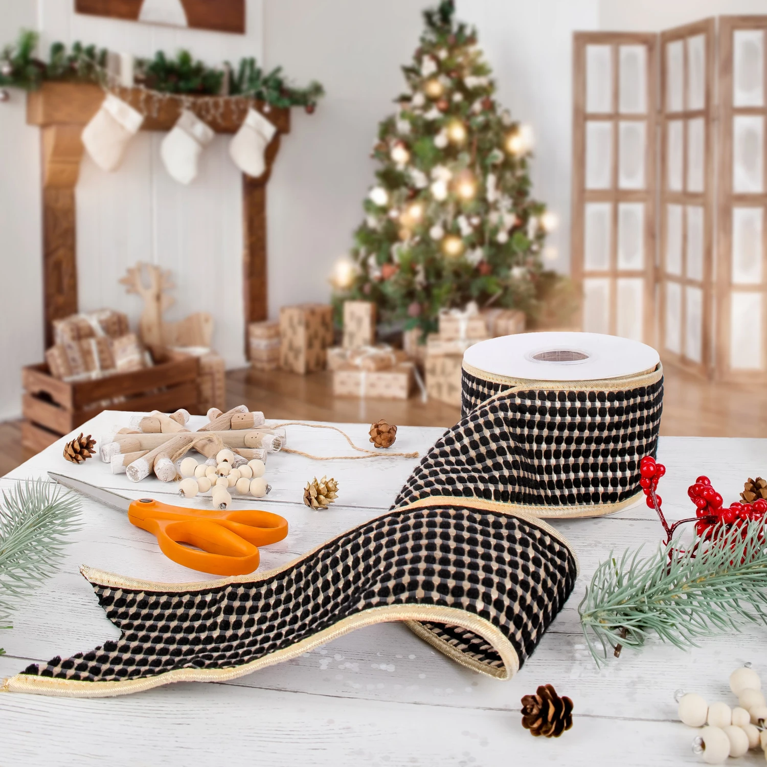 3 In. HGTV Home Collection Carmel Jacquard Double-Sided Ribbon, Black 2 3 In. HGTV Home Collection Carmel Jacquard Double-Sided Ribbon, Black - Image 2