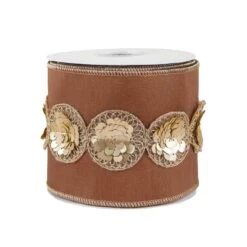 4 In. HGTV Home Collection Sequin Beaded Taffeta Ribbon, Brown