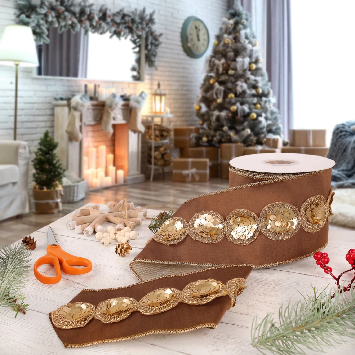 4 In. HGTV Home Collection Sequin Beaded Taffeta Ribbon, Brown 2 4 In. HGTV Home Collection Sequin Beaded Taffeta Ribbon, Brown - Image 2