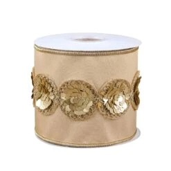 4 In. HGTV Home Collection Sequin Beaded Taffeta Ribbon, Beige