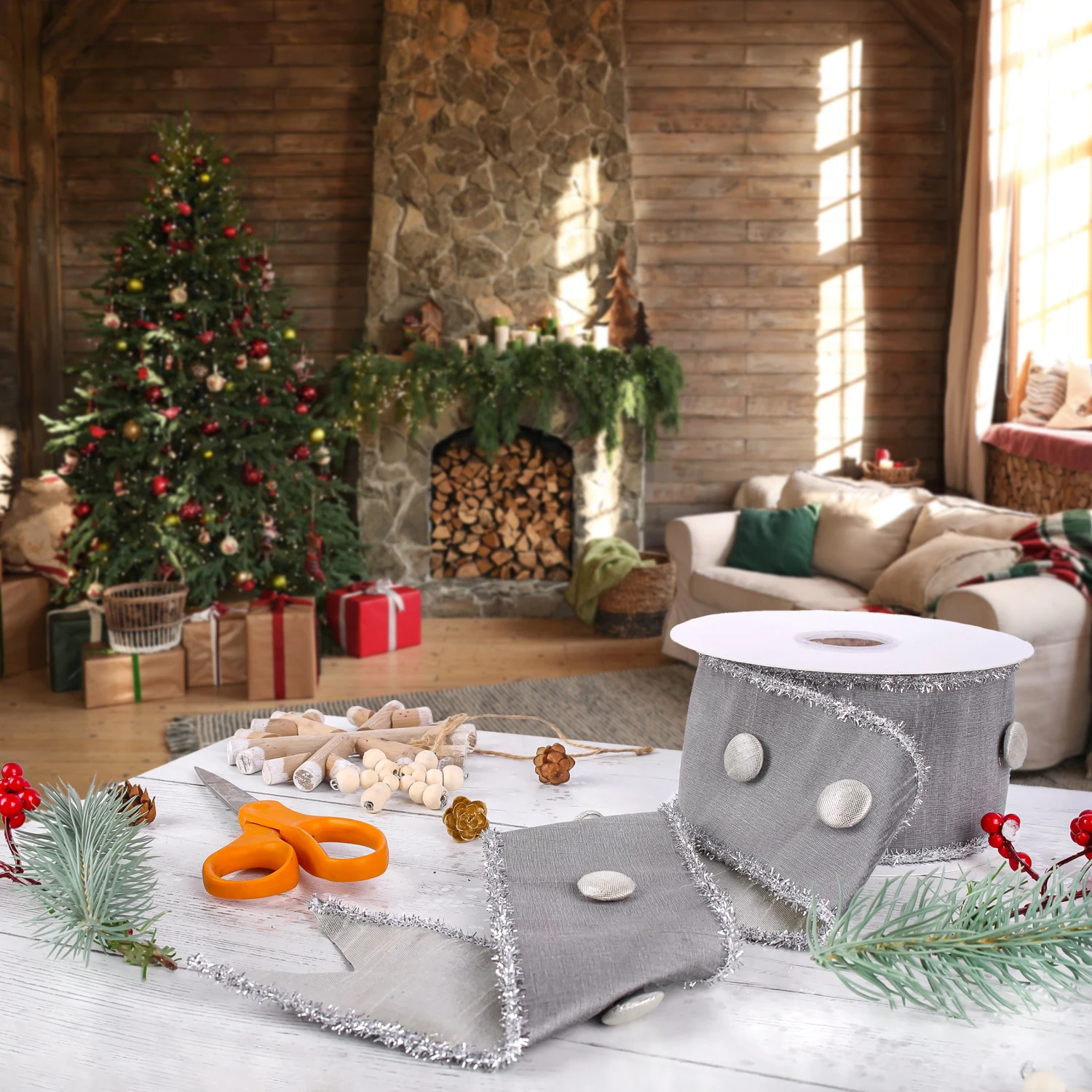 3 In. HGTV Home Collection Dupioni Button Ribbon, Silver 2 3 In. HGTV Home Collection Dupioni Button Ribbon, Silver - Image 2