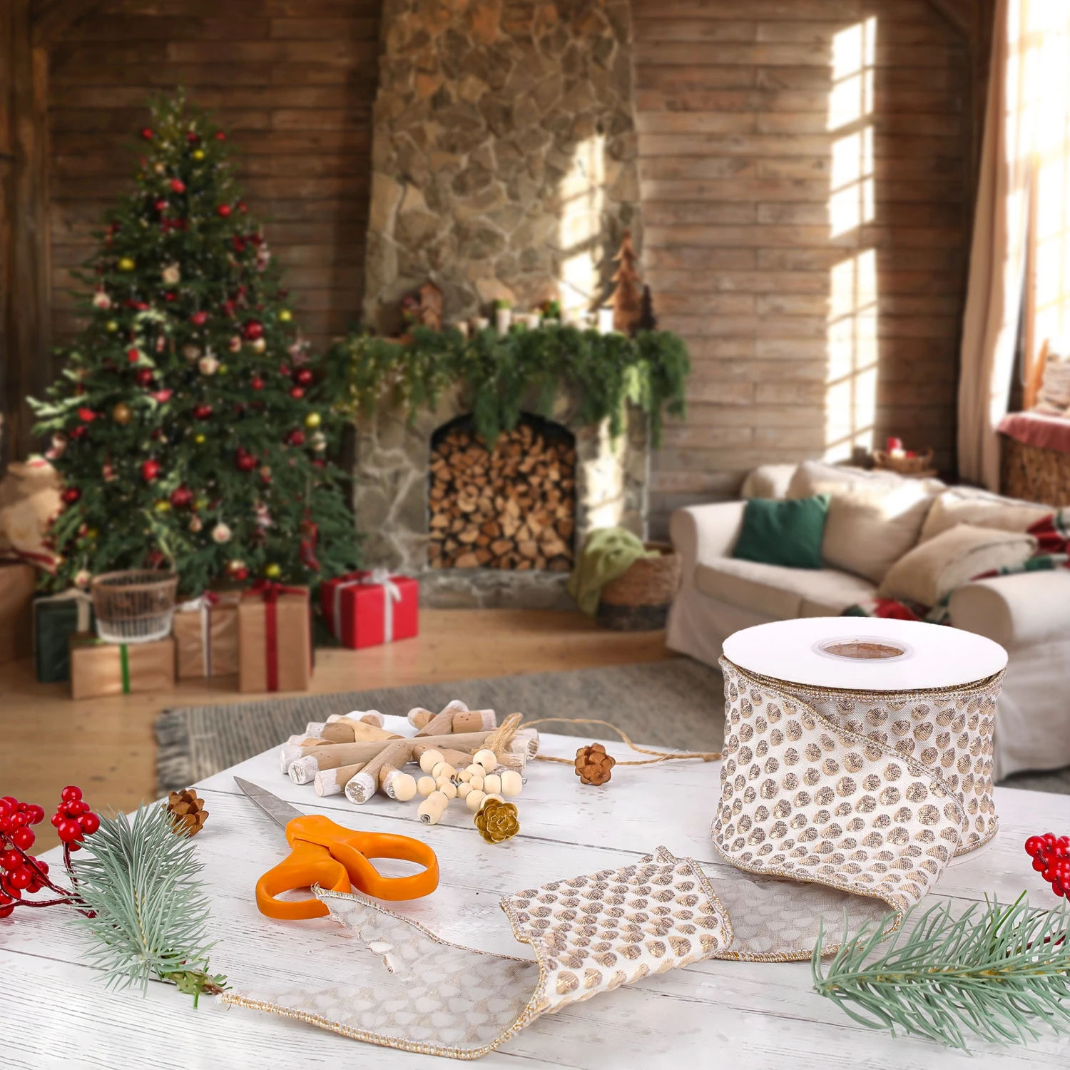 3 In. HGTV Home Collection Rainer Jacquard Tissue Back Ribbon, Gold 2 3 In. HGTV Home Collection Rainer Jacquard Tissue Back Ribbon, Gold - Image 2