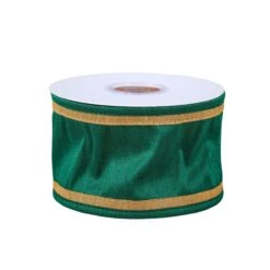 3 In. HGTV Home Collection Dupioni Double-Sided Ribbon, Green & Gold