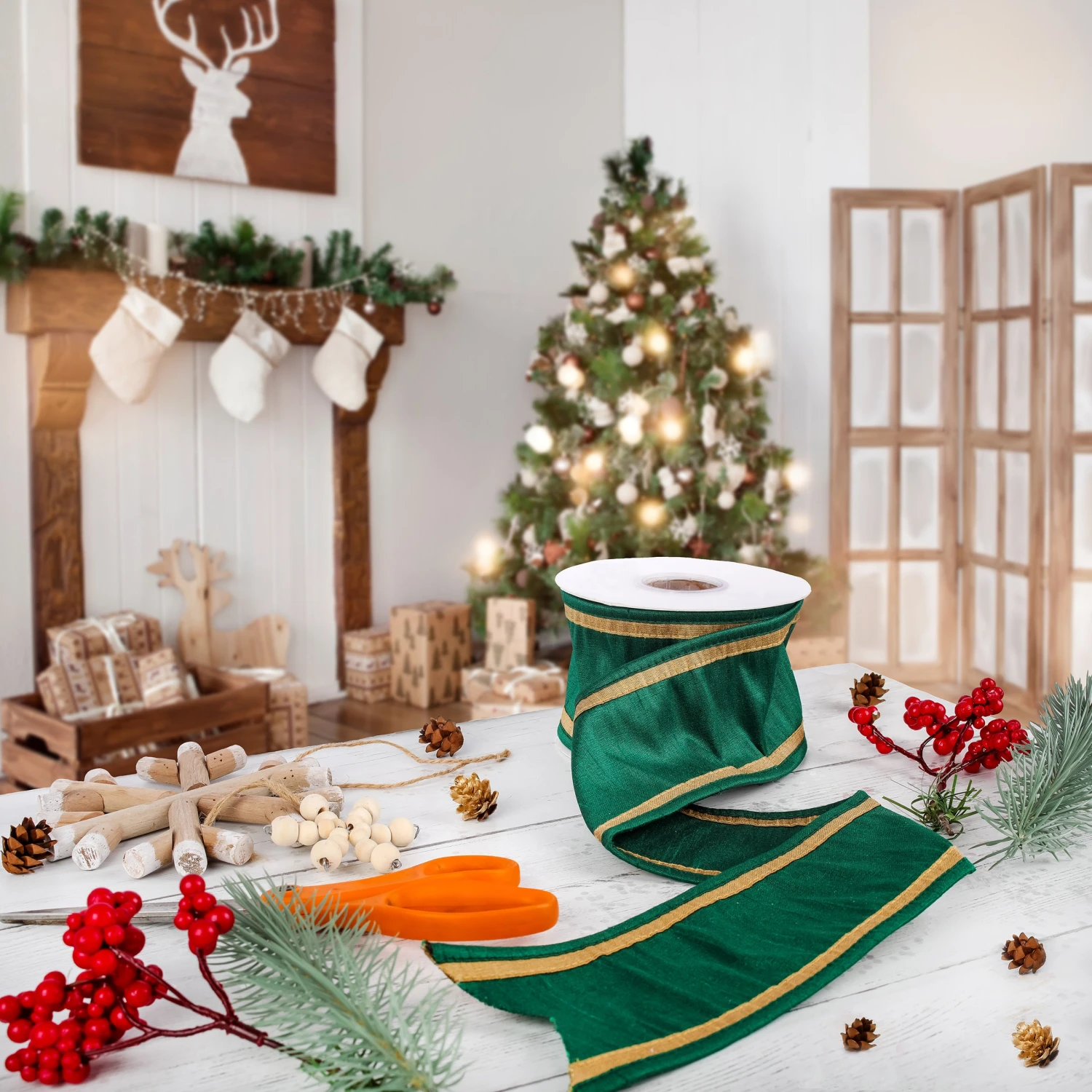 3 In. HGTV Home Collection Dupioni Double-Sided Ribbon, Green & Gold 2 3 In. HGTV Home Collection Dupioni Double-Sided Ribbon, Green & Gold - Image 2