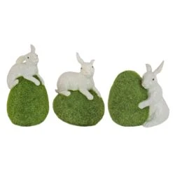 7 In. White Easter Rabbit Figures On Green Moss Covered Eggs, Set Of 3