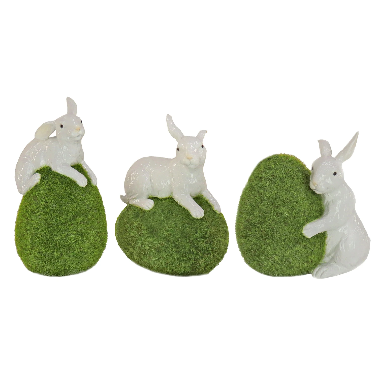 7 In. White Easter Rabbit Figures On Green Moss Covered Eggs, Set Of 3 1 7 In. White Easter Rabbit Figures On Green Moss Covered Eggs, Set Of 3
