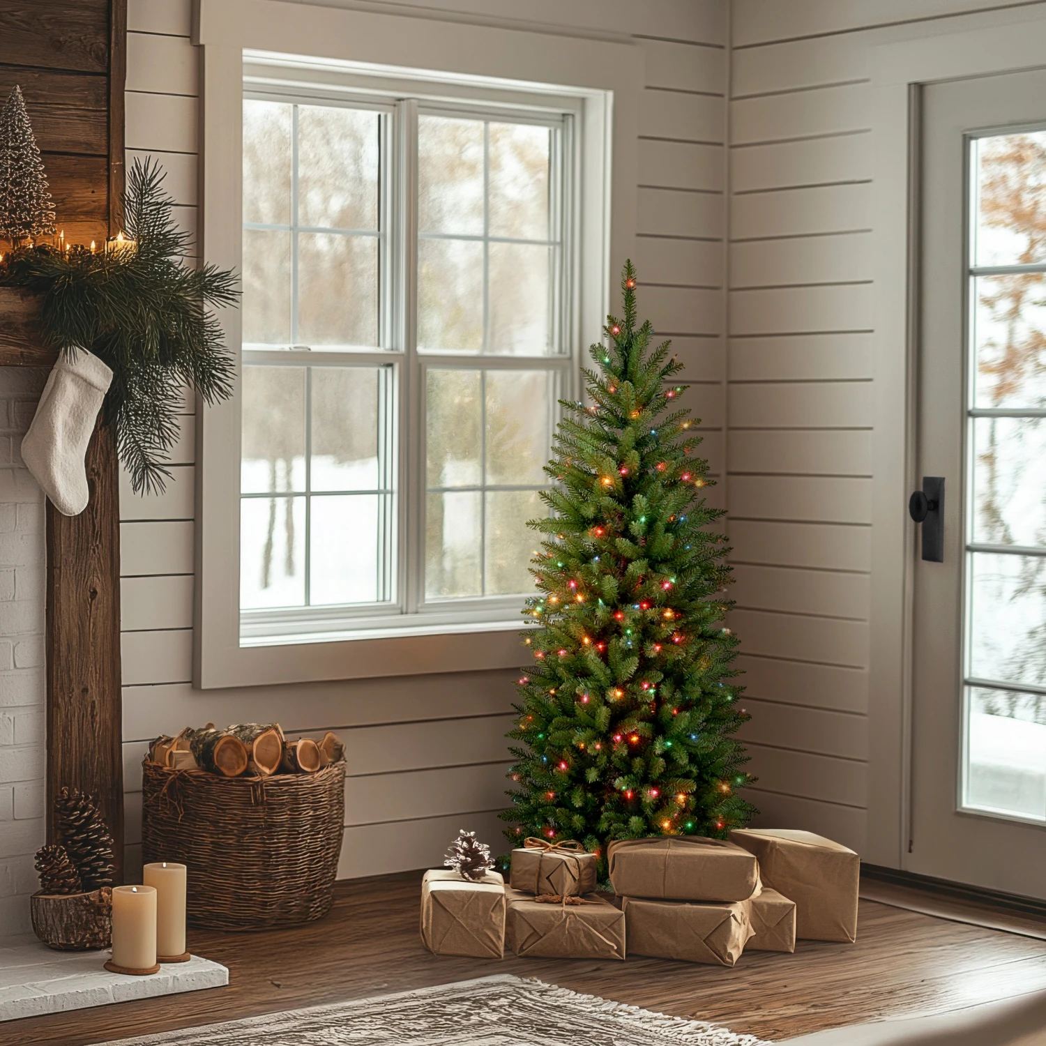 4.5 Ft. Pre-Lit Kingswood Fir Pencil Tree With Multicolor Lights 2 4.5 Ft. Pre-Lit Kingswood Fir Pencil Tree With Multicolor Lights - Image 2