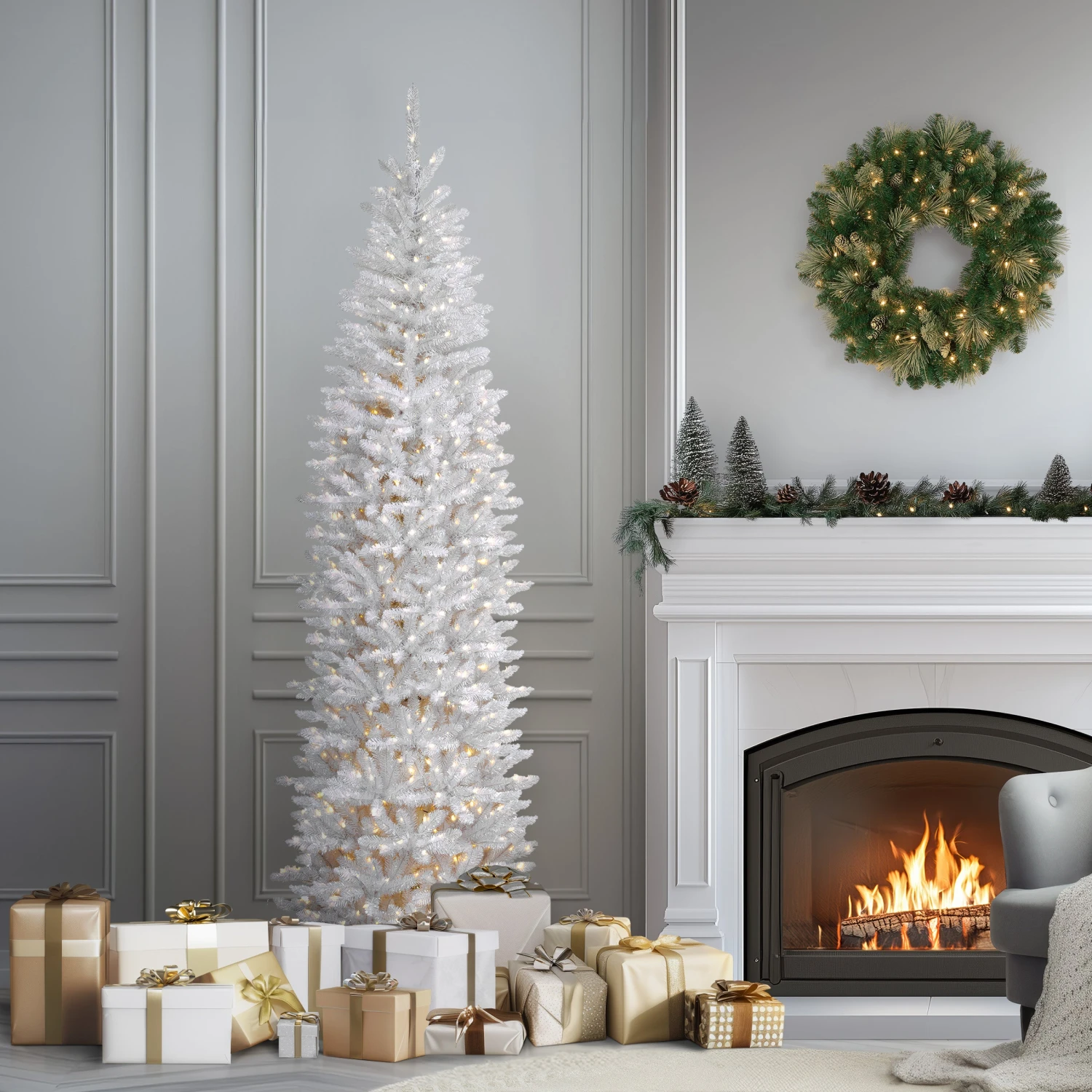 7.5 Ft. Pre-Lit Kingswood Fir White Pencil Tree With Clear Lights 2 7.5 Ft. Pre-Lit Kingswood Fir White Pencil Tree With Clear Lights - Image 2
