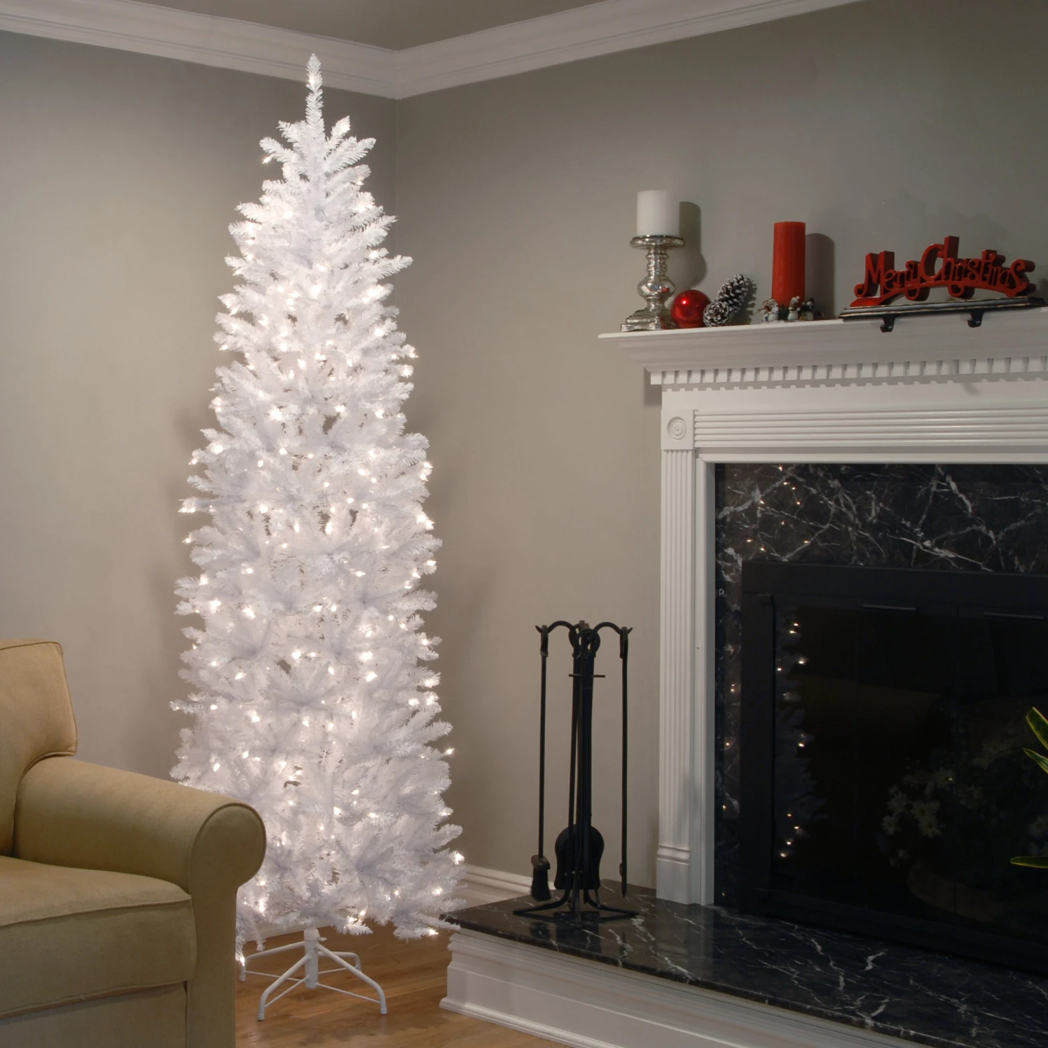 9 Ft. Pre-Lit Kingswood Fir White Pencil Tree With Clear Lights 3 9 Ft. Pre-Lit Kingswood Fir White Pencil Tree With Clear Lights - Image 3