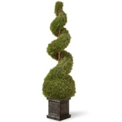 48 In. Cedar Spiral Topiary Tree With Ball In A Black Square Pot