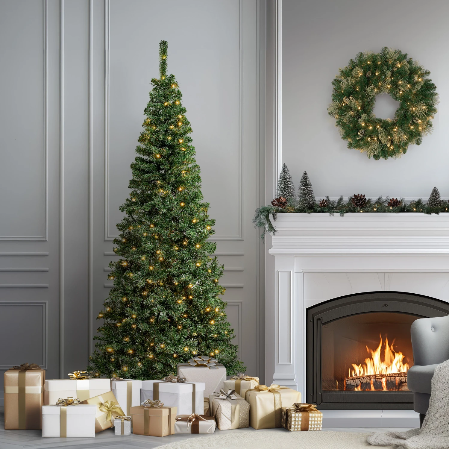 7.5 Ft. Pre-Lit Linden Spruce Slim Tree With LED Lights 2 7.5 Ft. Pre-Lit Linden Spruce Slim Tree With LED Lights - Image 2