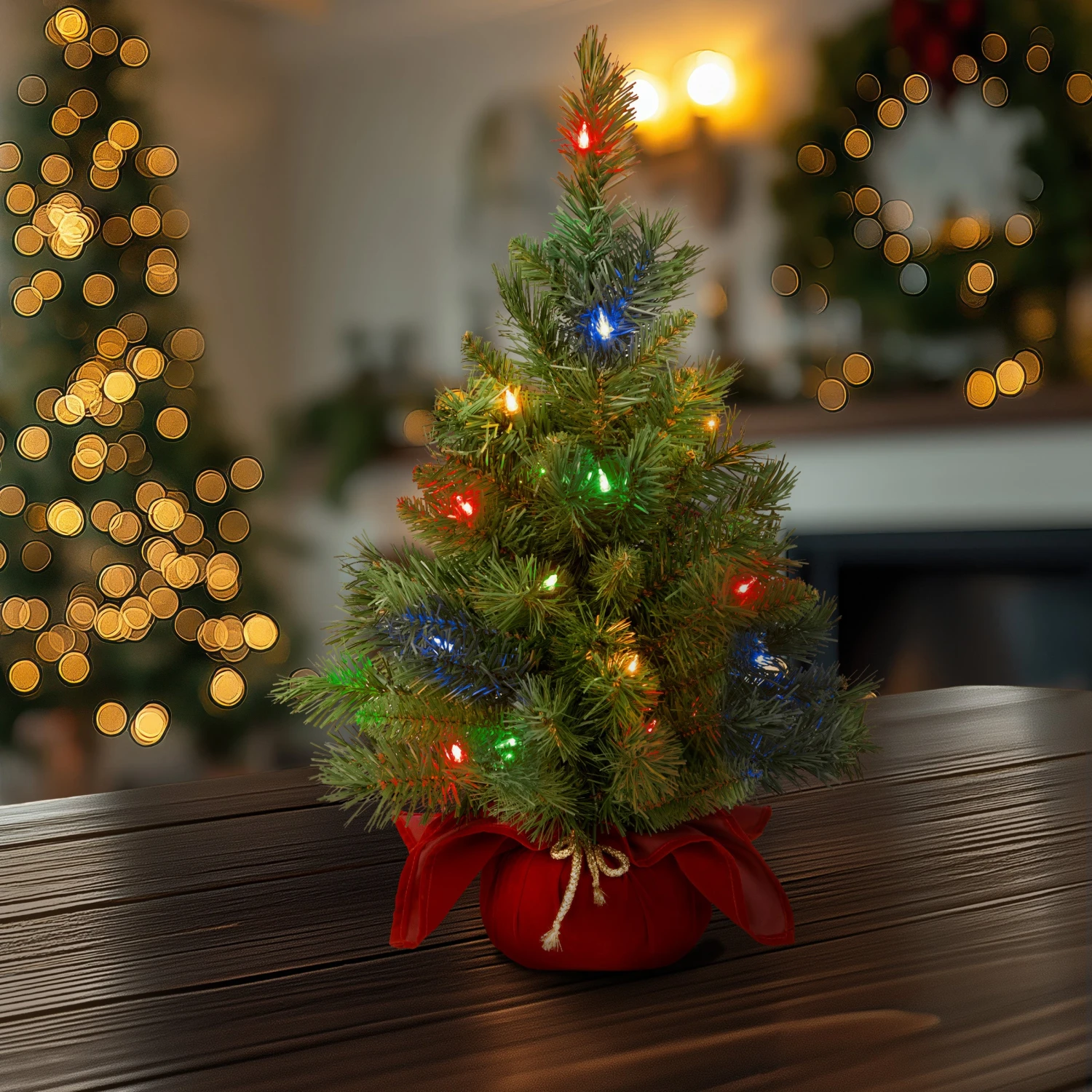 2 Ft. Pre-Lit Majestic Fir Tree With Multicolor LED Lights, Red Base 2 2 Ft. Pre-Lit Majestic Fir Tree With Multicolor LED Lights, Red Base - Image 2