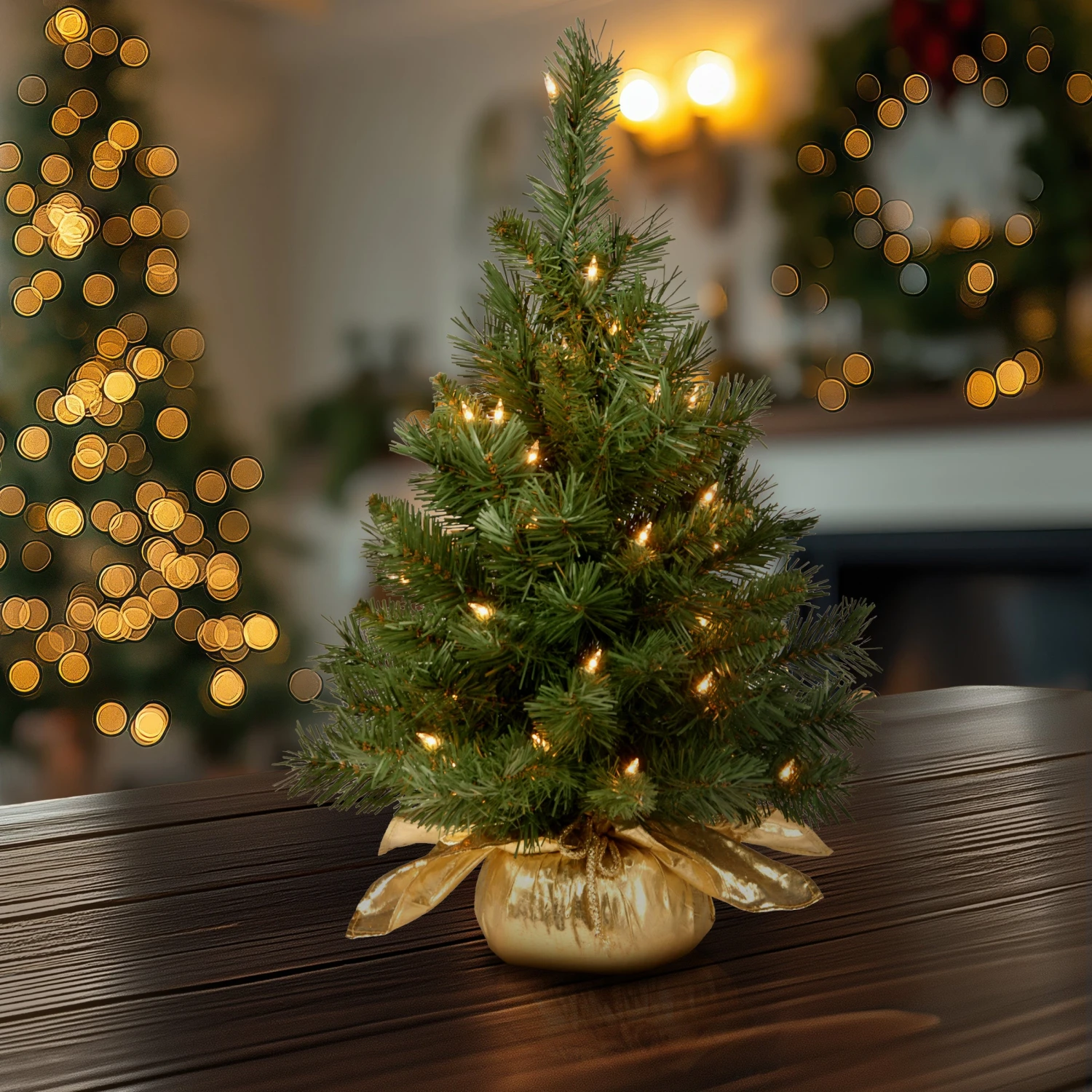2 Ft. Pre-Lit Majestic Fir Tree With Clear Lights, Gold Base 2 2 Ft. Pre-Lit Majestic Fir Tree With Clear Lights, Gold Base - Image 2