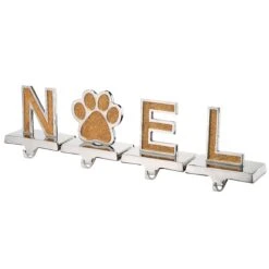 5 In. 4-Piece Gold Sparkle NOEL Christmas Stocking Holders, Gold And Silver With Paw Print
