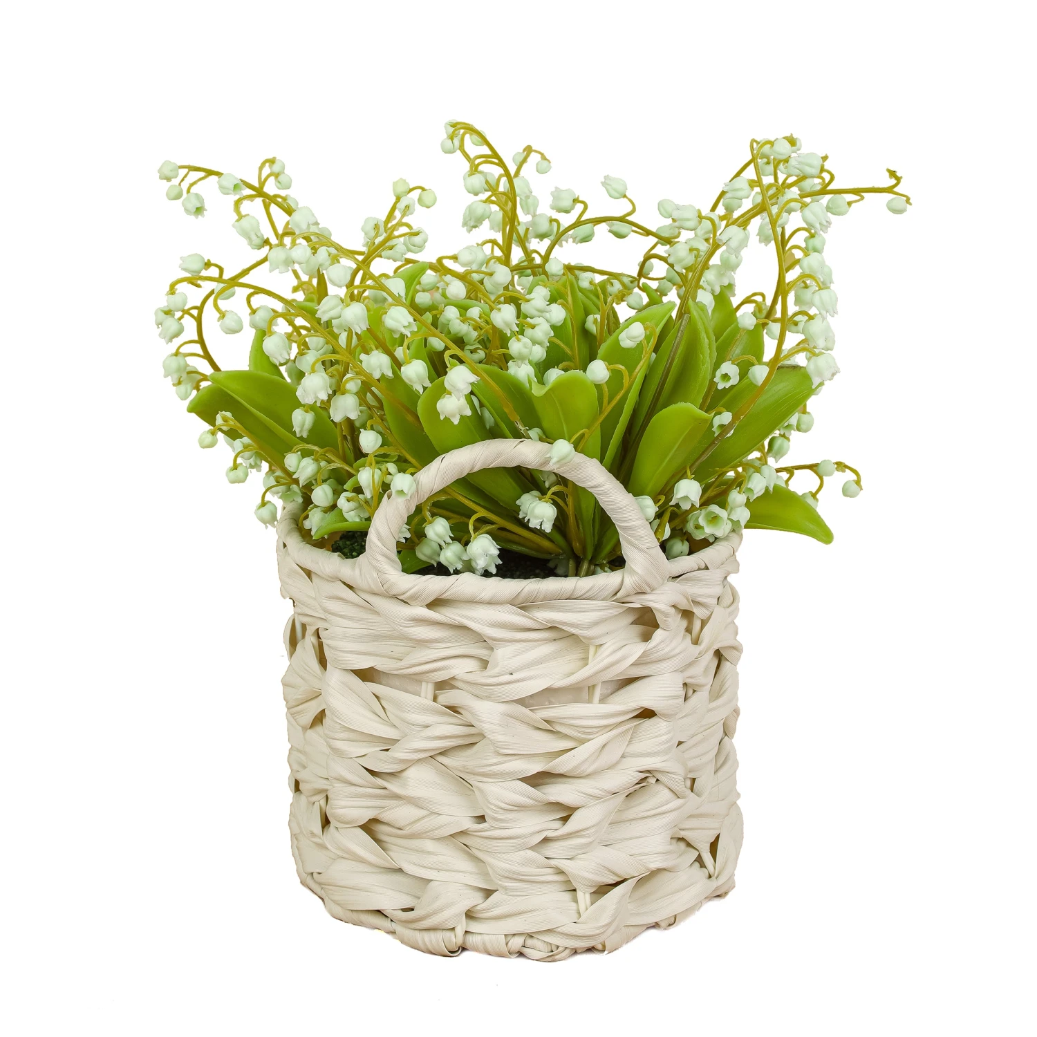 11 In. Spring Green Lily-of-the-Valley Flowers In White Basket 1 11 In. Spring Green Lily-of-the-Valley Flowers In White Basket