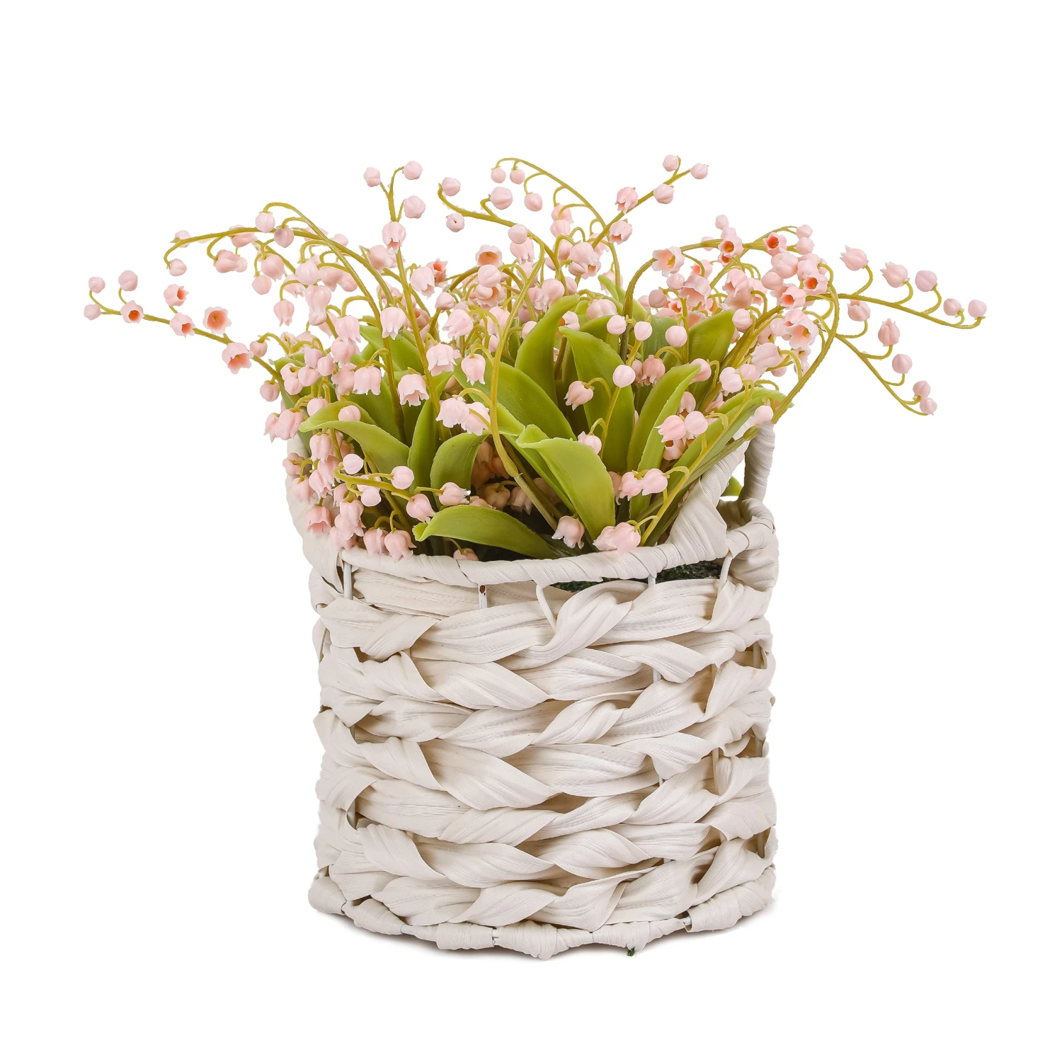 11 In. Spring Pink Lily-of-the-Valley Flowers In White Basket 1 11 In. Spring Pink Lily-of-the-Valley Flowers In White Basket