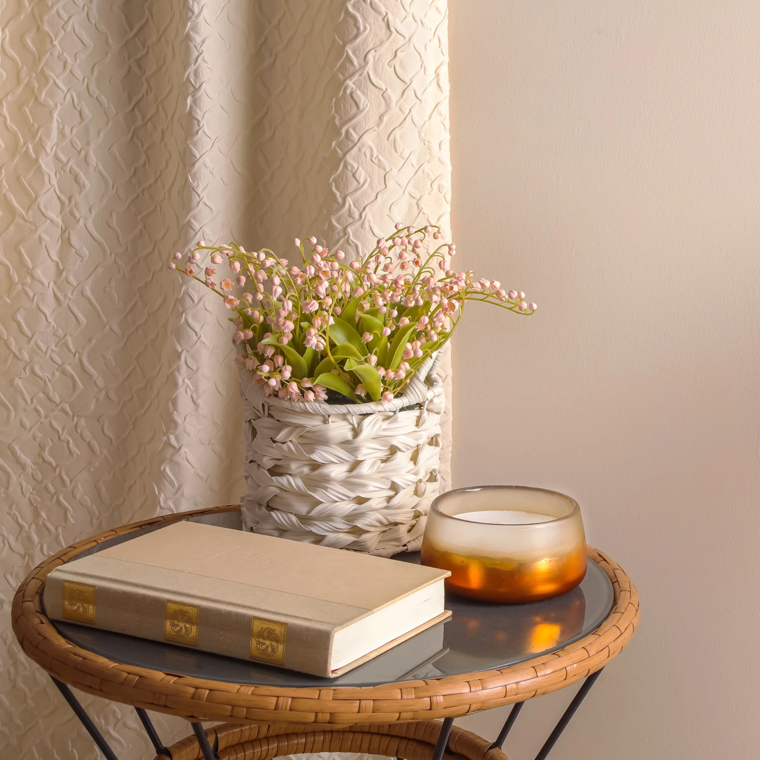 11 In. Spring Pink Lily-of-the-Valley Flowers In White Basket 2 11 In. Spring Pink Lily-of-the-Valley Flowers In White Basket - Image 2