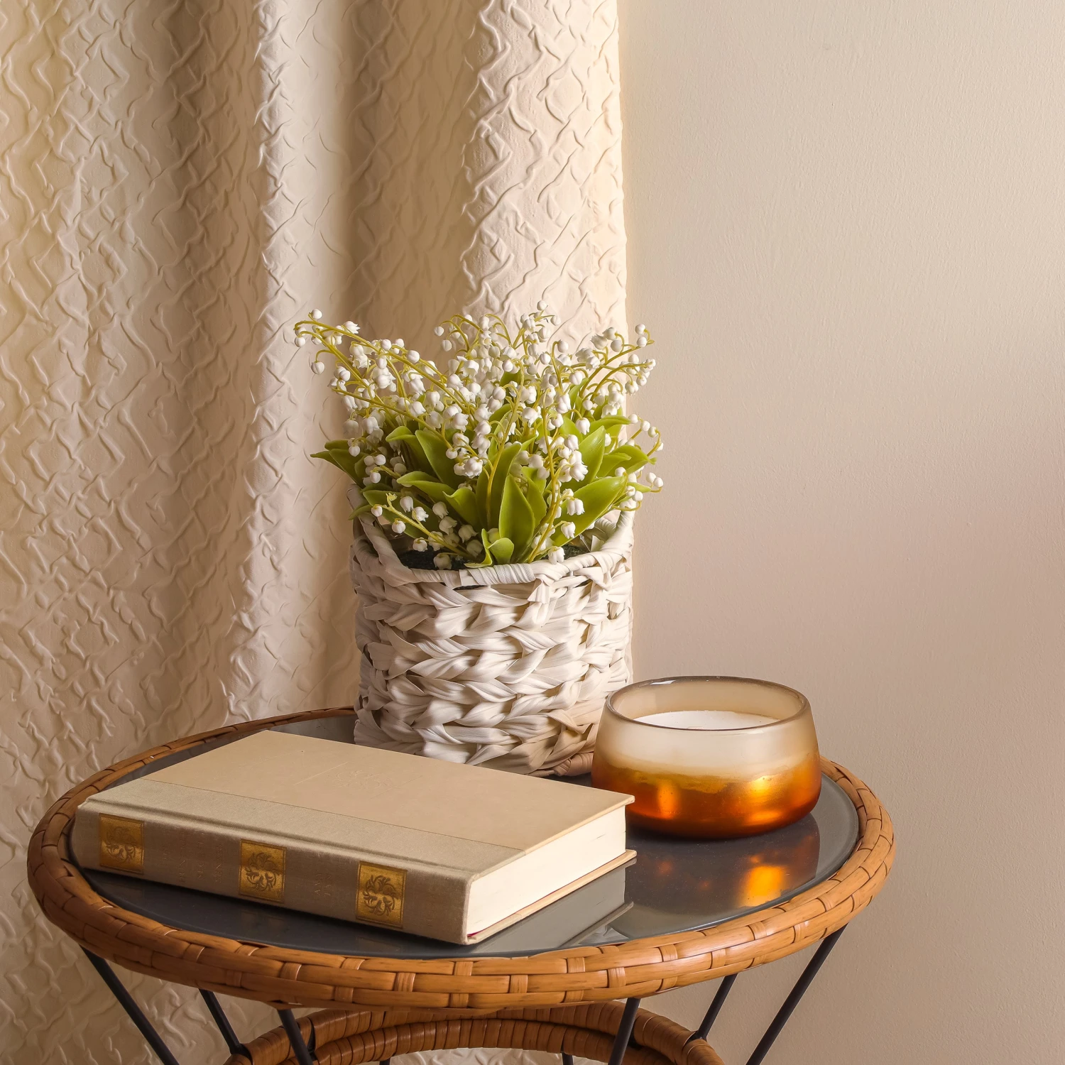 11 In. Spring White Lily-of-the-Valley Flowers In White Basket 2 11 In. Spring White Lily-of-the-Valley Flowers In White Basket - Image 2