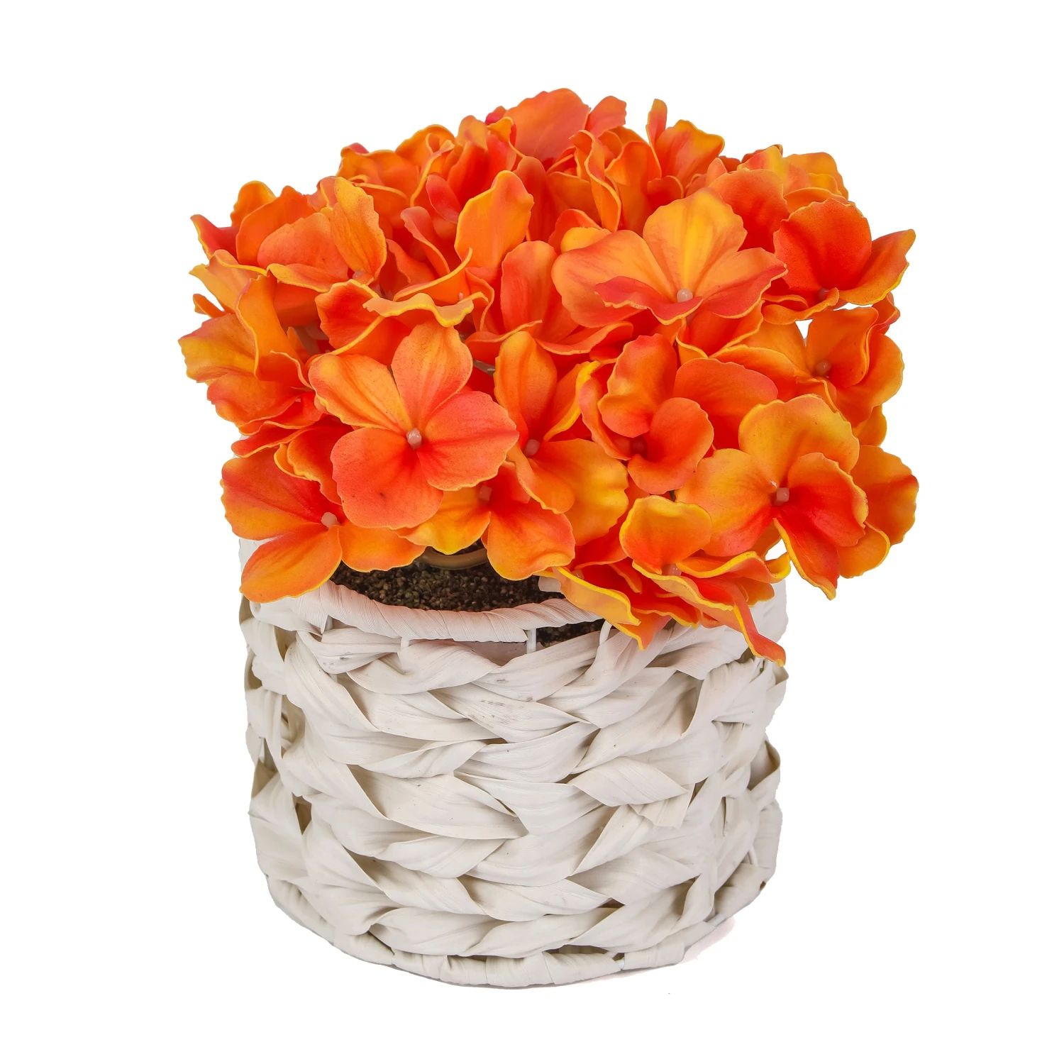 10 In. Spring Orange Hydrangea Bouquet In White Basket 1 10 In. Spring Orange Hydrangea Bouquet In White Basket