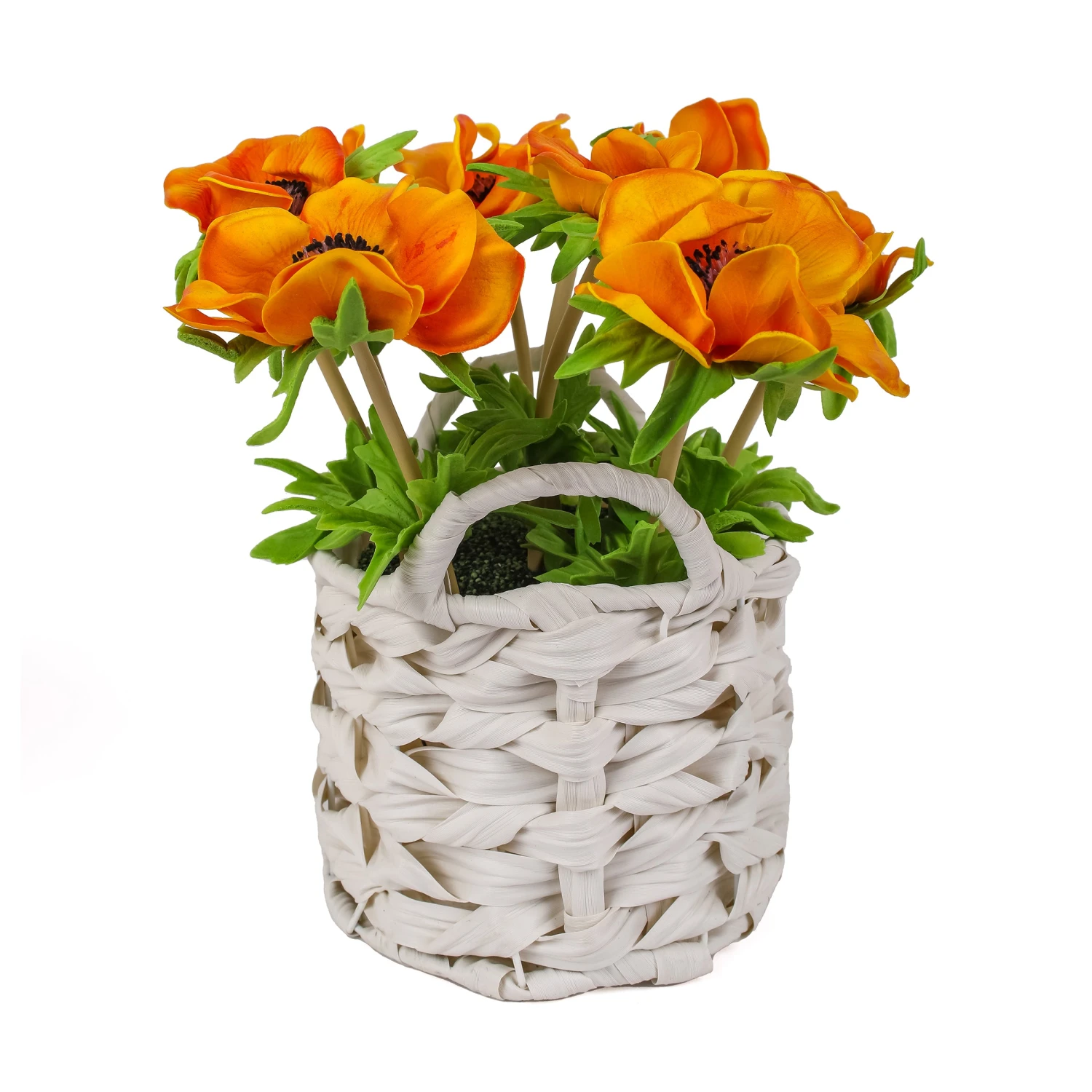 10 In. Spring Orange Anemone Flower Bouquet In White Basket 1 10 In. Spring Orange Anemone Flower Bouquet In White Basket