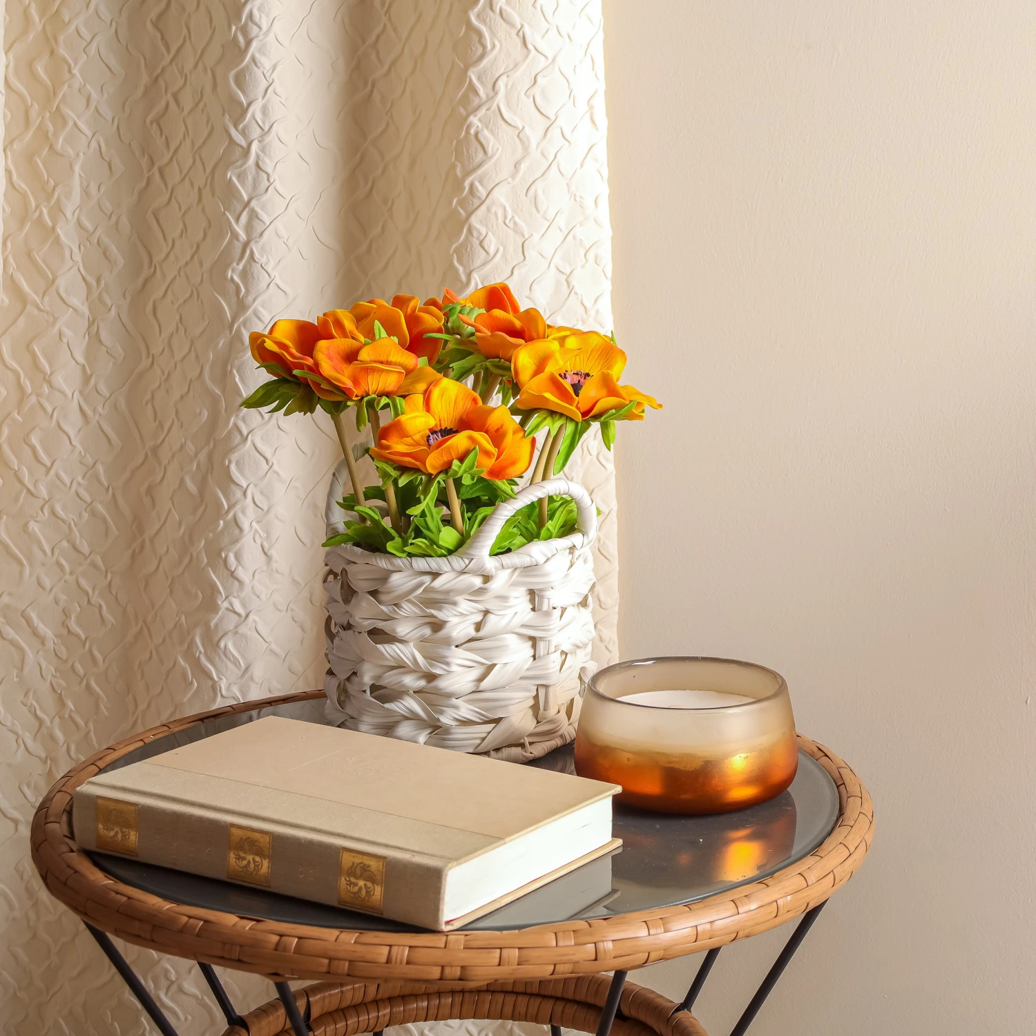 10 In. Spring Orange Anemone Flower Bouquet In White Basket 2 10 In. Spring Orange Anemone Flower Bouquet In White Basket - Image 2