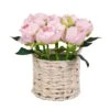 10 In. Spring Light Pink Peony Flower Bouquet In White Basket