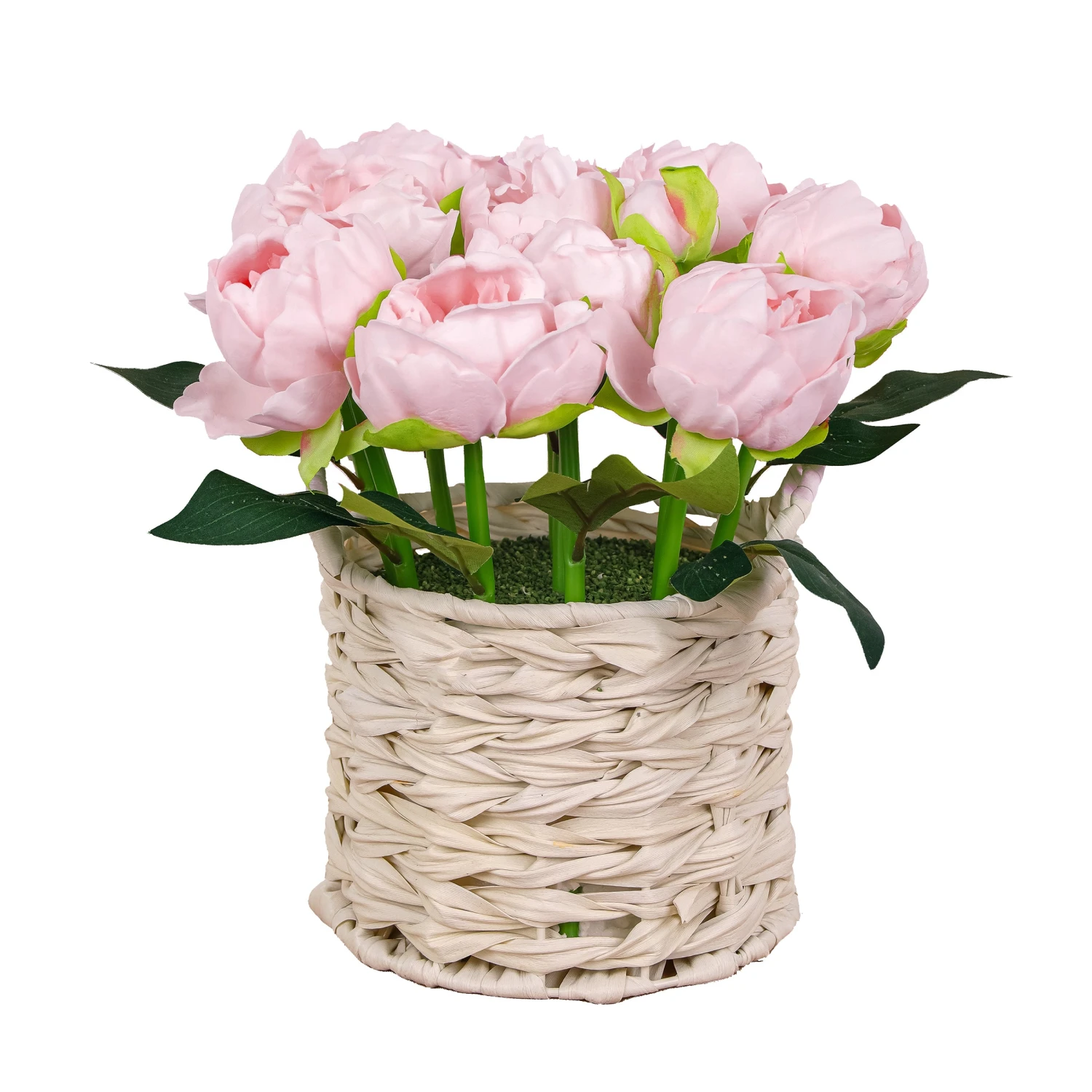 10 In. Spring Light Pink Peony Flower Bouquet In White Basket 1 10 In. Spring Light Pink Peony Flower Bouquet In White Basket
