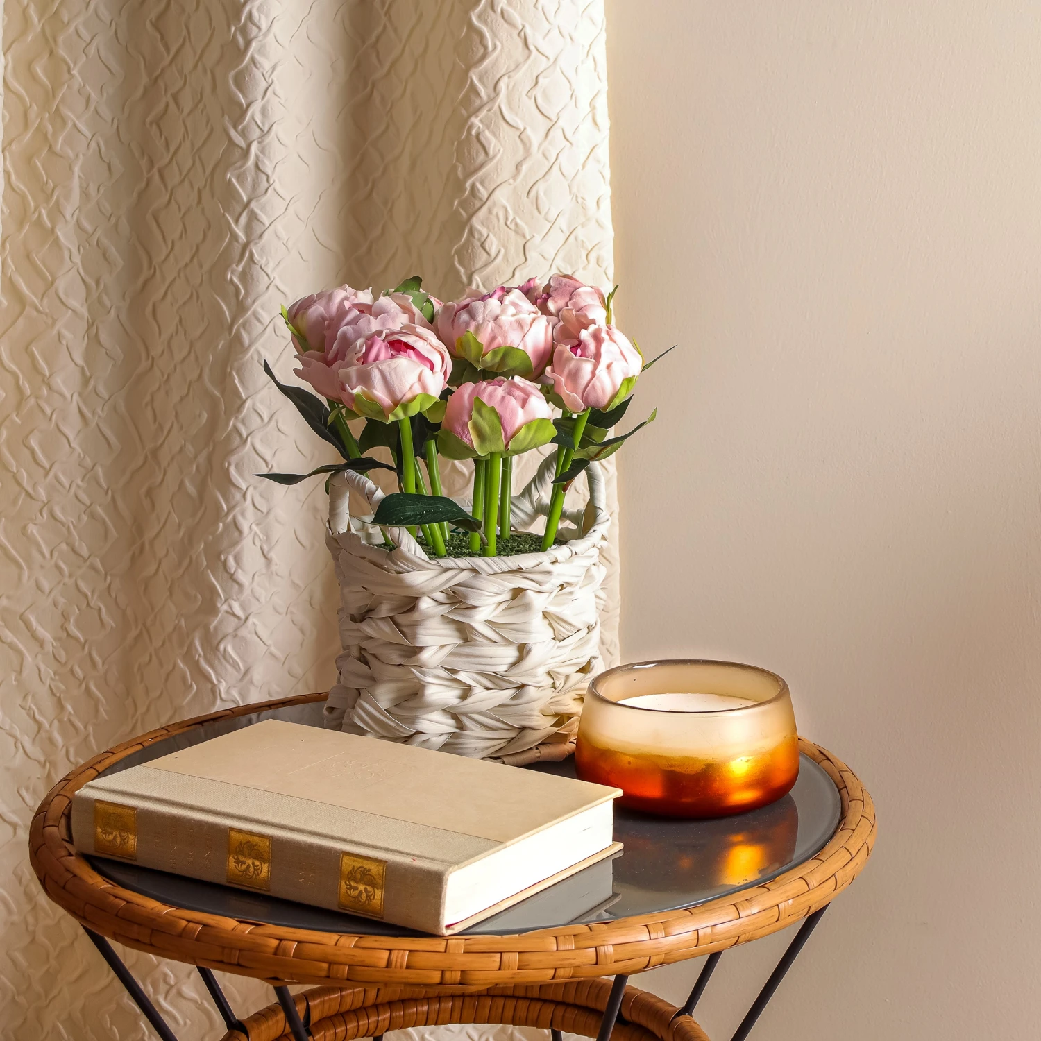 10 In. Spring Light Pink Peony Flower Bouquet In White Basket 2 10 In. Spring Light Pink Peony Flower Bouquet In White Basket - Image 2