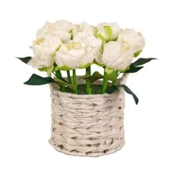 10 In. Spring White Peony Flower Bouquet In White Basket
