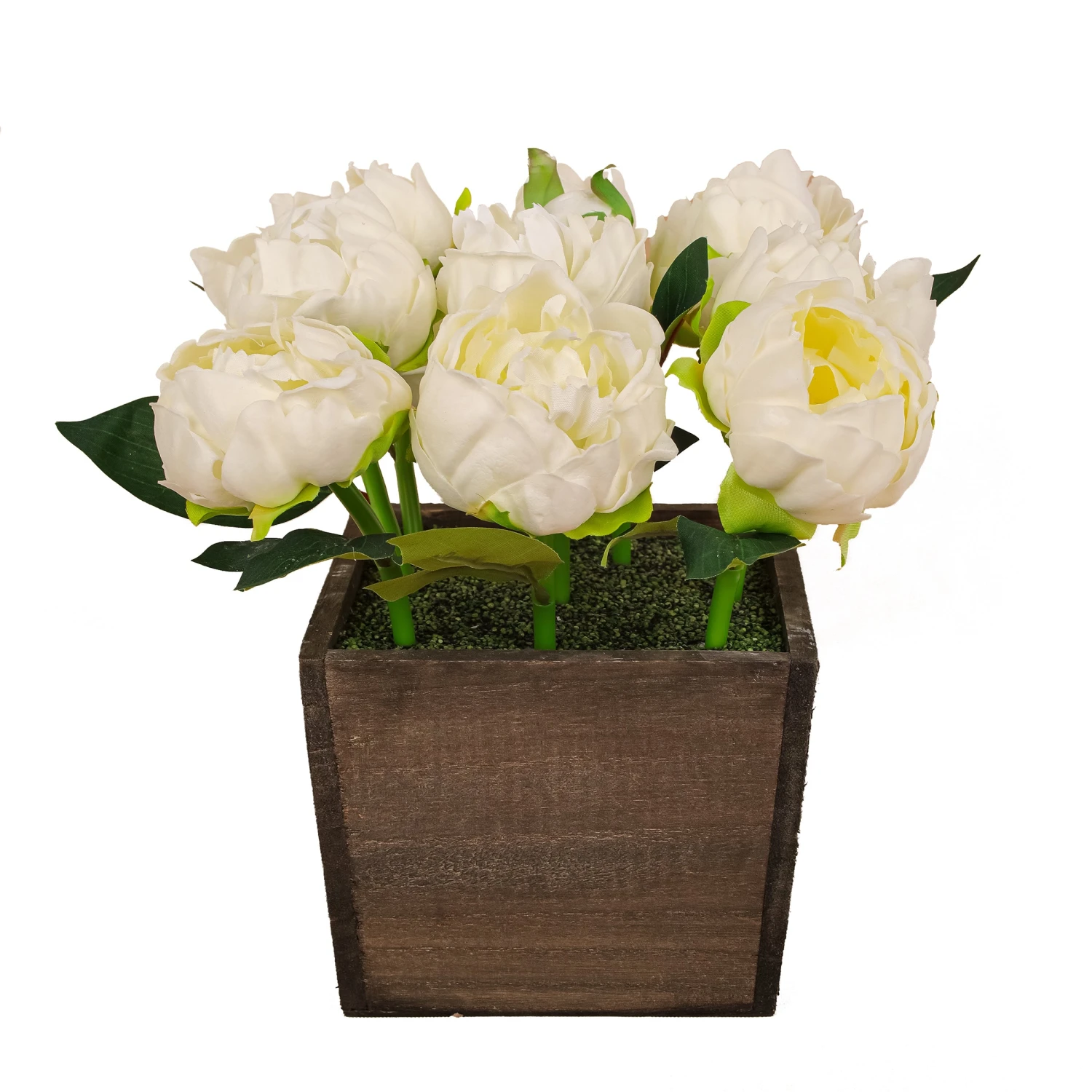 10 In. Spring White Peony Flowers In Wood Box 1 10 In. Spring White Peony Flowers In Wood Box