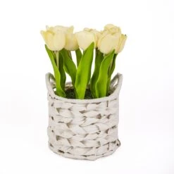 10 In. Spring Light Yellow Tulip Bouquet In White Basket