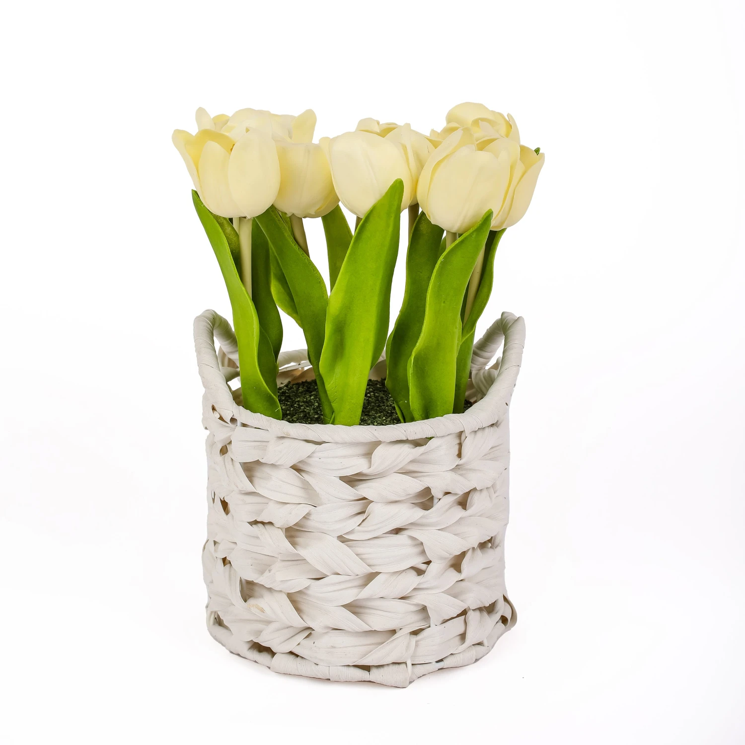 10 In. Spring Light Yellow Tulip Bouquet In White Basket 1 10 In. Spring Light Yellow Tulip Bouquet In White Basket