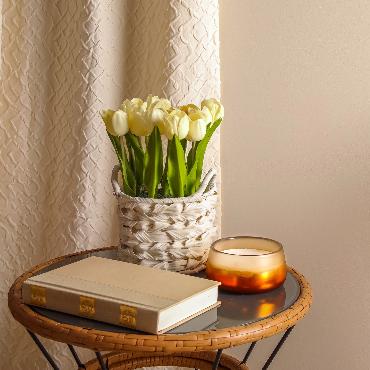 10 In. Spring Light Yellow Tulip Bouquet In White Basket 2 10 In. Spring Light Yellow Tulip Bouquet In White Basket - Image 2