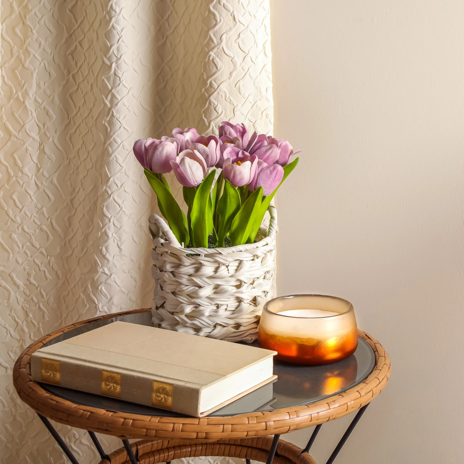 10 In. Spring Mauve Tulip Bouquet In White Basket 2 10 In. Spring Mauve Tulip Bouquet In White Basket - Image 2