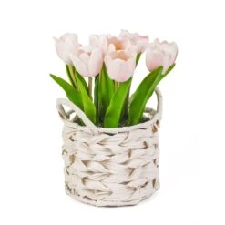 10 In. Spring Pink Tulip Bouquet In White Basket