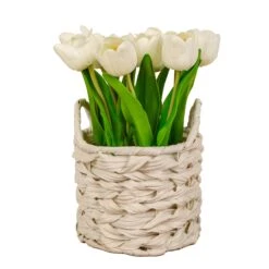 10 In. Spring White Tulip Bouquet In White Basket