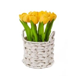 10 In. Spring Yellow Tulip Bouquet In White Basket