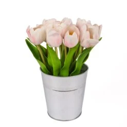 9 In. Spring Pink Tulip Bouquet In Metal Pot